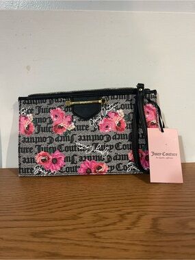 Juicy Couture Black Logo Wristlet with Pink Floral Print